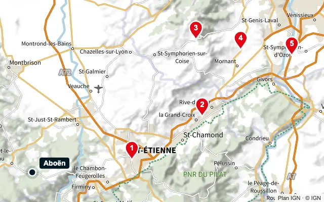 Carte : Aboën et les 5 agences de la liste, numérotées de 1 à 5