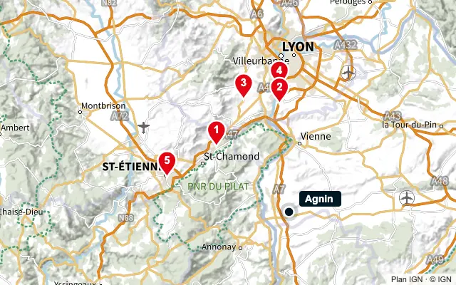 Carte : Agnin et les 5 agences de la liste, numérotées de 1 à 5