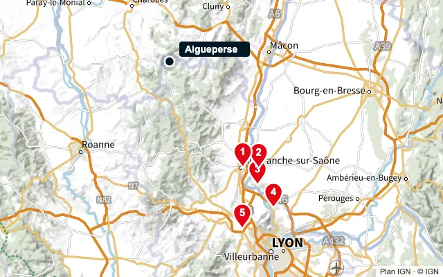 Carte : Aigueperse et les 5 agences de la liste, numérotées de 1 à 5