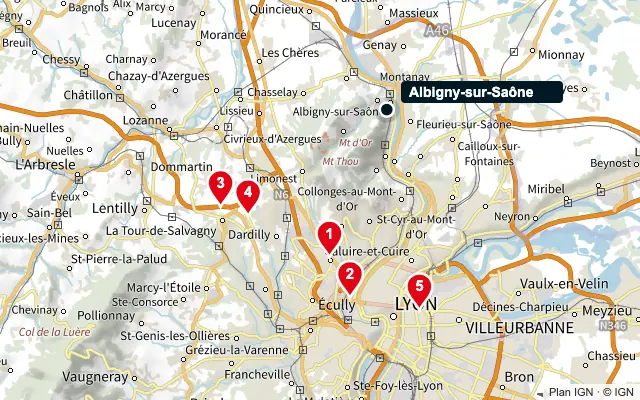 Carte : Albigny-sur-Saône et les 5 agences de la liste, numérotées de 1 à 5