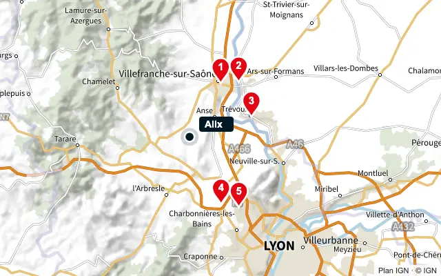Carte : Alix et les 5 agences de la liste, numérotées de 1 à 5