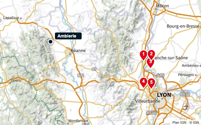 Carte : Ambierle et les 5 agences de la liste, numérotées de 1 à 5