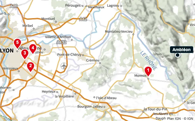 Carte : Ambléon et les 5 agences de la liste, numérotées de 1 à 5