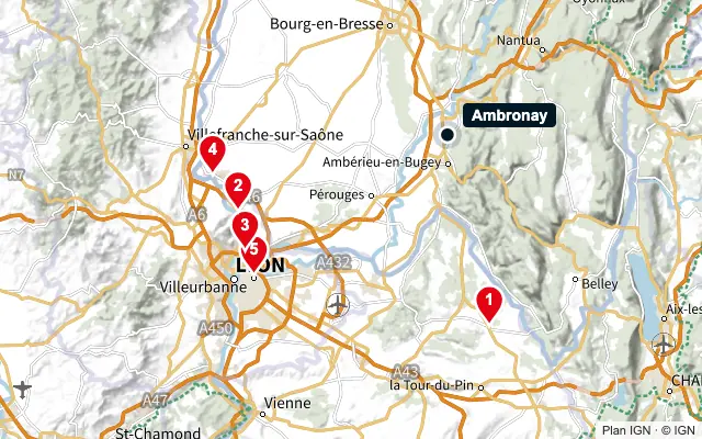Carte : Ambronay et les 5 agences de la liste, numérotées de 1 à 5