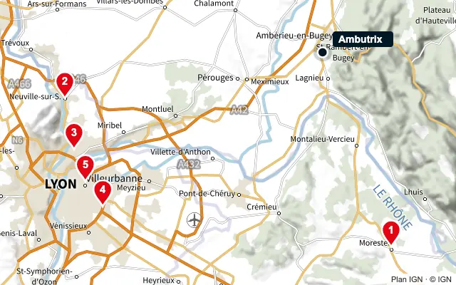 Carte : Ambutrix et les 5 agences de la liste, numérotées de 1 à 5