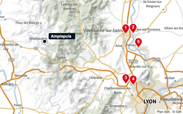 Carte : Amplepuis et les 5 agences de la liste, numérotées de 1 à 5