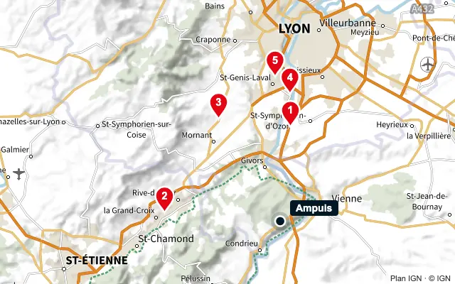 Carte : Ampuis et les 5 agences de la liste, numérotées de 1 à 5