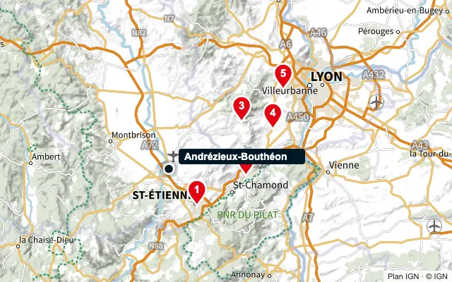 Carte : Andrézieux-Bouthéon et les 5 agences de la liste, numérotées de 1 à 5