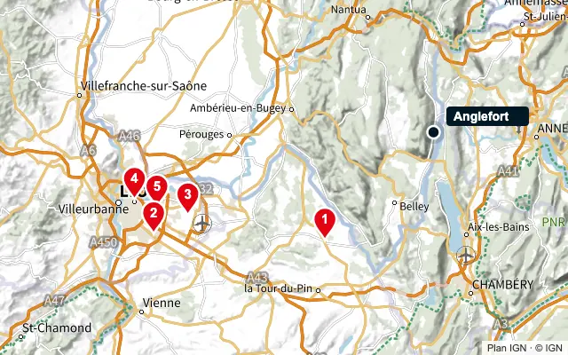 Carte : Anglefort et les 5 agences de la liste, numérotées de 1 à 5