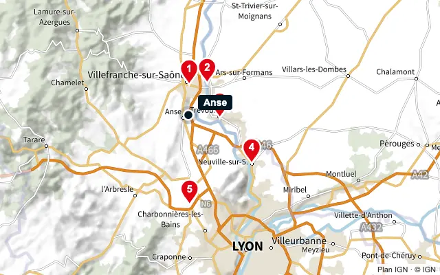 Carte : Anse et les 5 agences de la liste, numérotées de 1 à 5