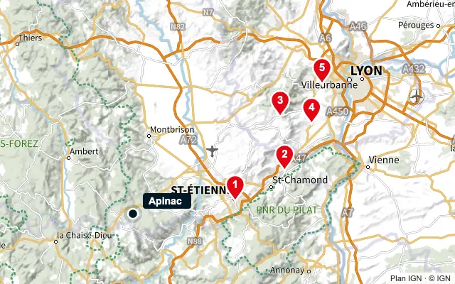 Carte : Apinac et les 5 agences de la liste, numérotées de 1 à 5