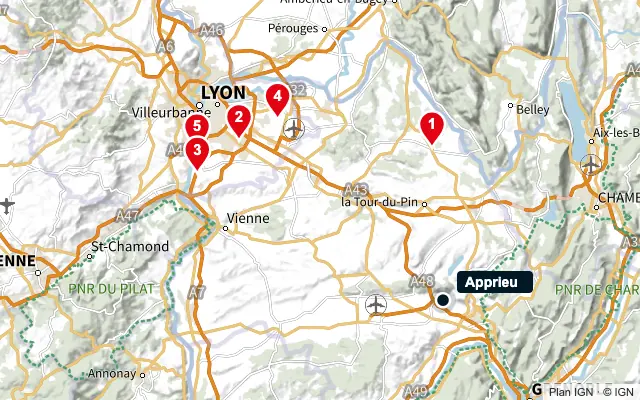 Carte : Apprieu et les 5 agences de la liste, numérotées de 1 à 5
