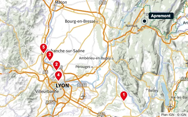 Carte : Apremont et les 5 agences de la liste, numérotées de 1 à 5