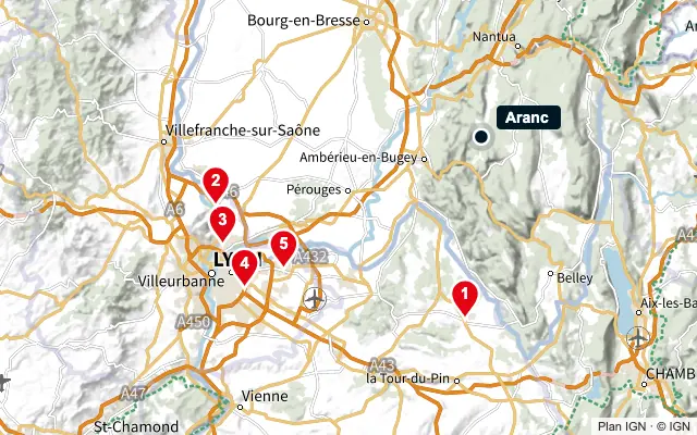 Carte : Aranc et les 5 agences de la liste, numérotées de 1 à 5