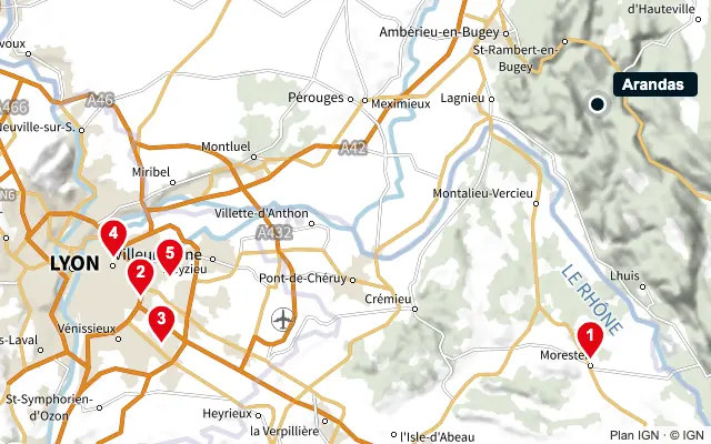 Carte : Arandas et les 5 agences de la liste, numérotées de 1 à 5