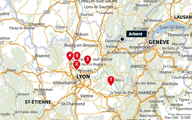 Carte : Arbent et les 5 agences de la liste, numérotées de 1 à 5