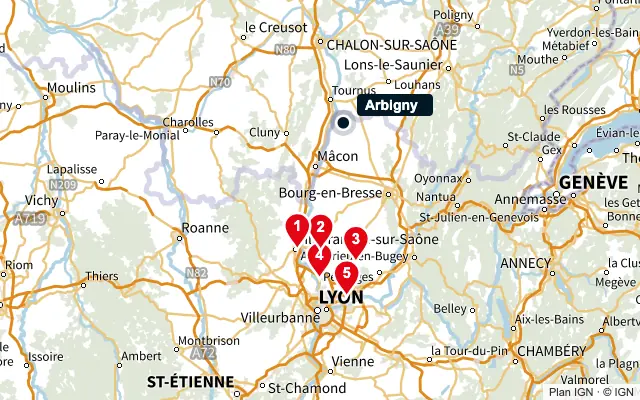 Carte : Arbigny et les 5 agences de la liste, numérotées de 1 à 5