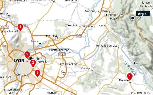 Carte : Argis et les 5 agences de la liste, numérotées de 1 à 5