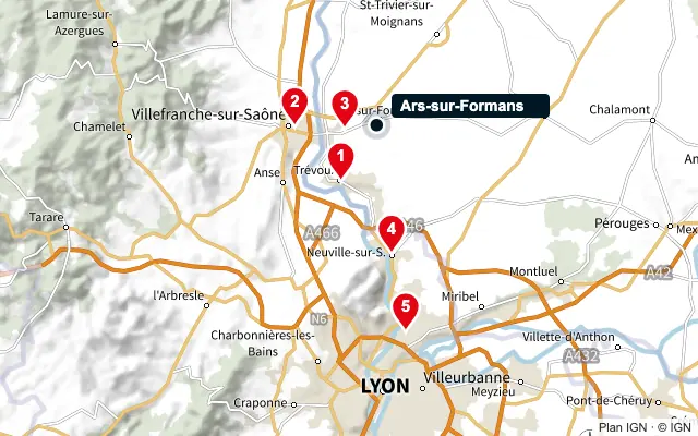 Carte : Ars-sur-Formans et les 5 agences de la liste, numérotées de 1 à 5