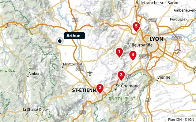 Carte : Arthun et les 5 agences de la liste, numérotées de 1 à 5