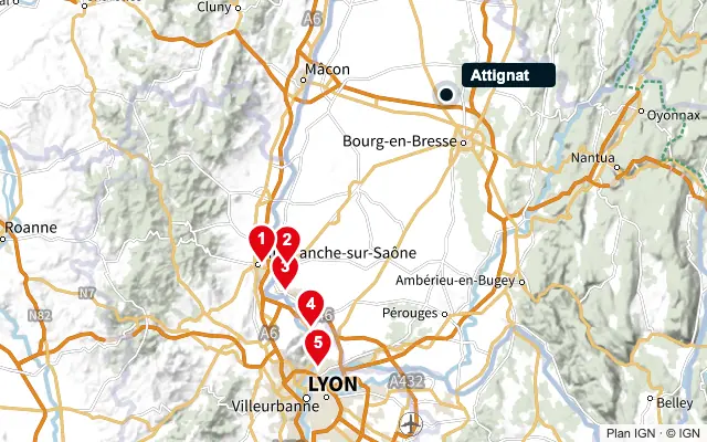 Carte : Attignat et les 5 agences de la liste, numérotées de 1 à 5