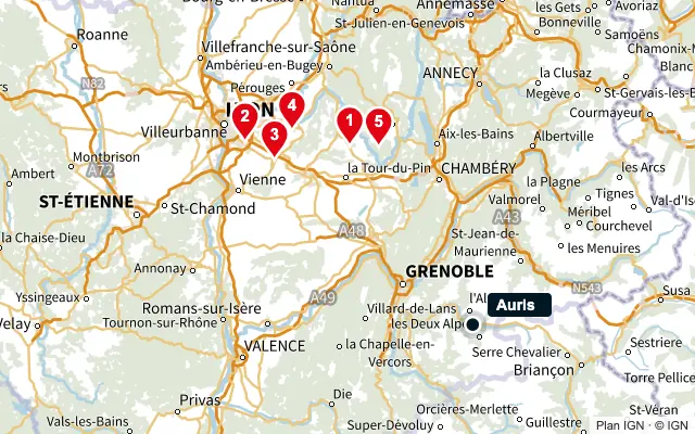 Carte : Auris et les 5 agences de la liste, numérotées de 1 à 5