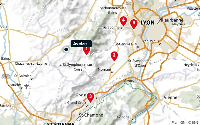 Carte : Aveize et les 5 agences de la liste, numérotées de 1 à 5