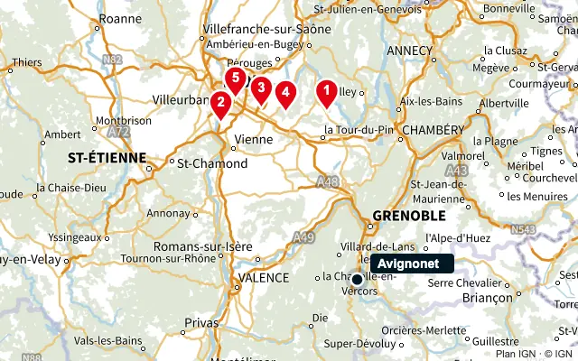 Carte : Avignonet et les 5 agences de la liste, numérotées de 1 à 5