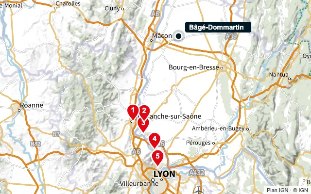 Carte : Bâgé-Dommartin et les 5 agences de la liste, numérotées de 1 à 5