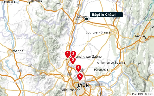 Carte : Bâgé-le-Châtel et les 5 agences de la liste, numérotées de 1 à 5