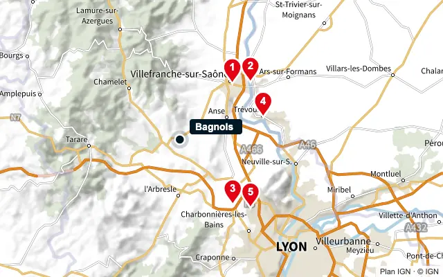 Carte : Bagnols et les 5 agences de la liste, numérotées de 1 à 5