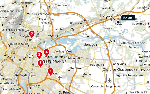 Carte : Balan et les 5 agences de la liste, numérotées de 1 à 5