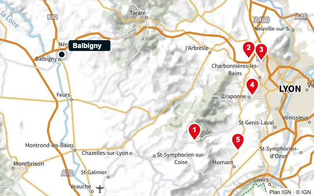 Carte : Balbigny et les 5 agences de la liste, numérotées de 1 à 5