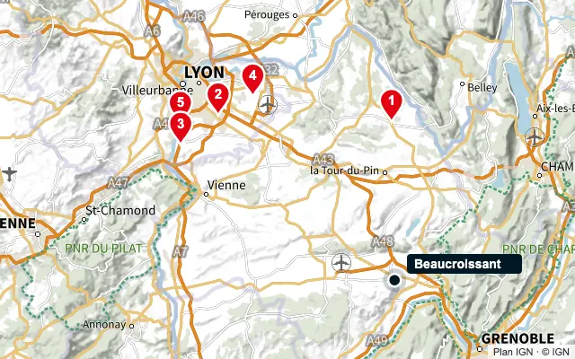 Carte : Beaucroissant et les 5 agences de la liste, numérotées de 1 à 5