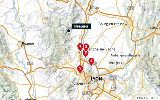 Carte : Beaujeu et les 5 agences de la liste, numérotées de 1 à 5