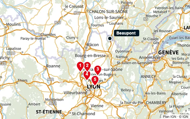 Carte : Beaupont et les 5 agences de la liste, numérotées de 1 à 5