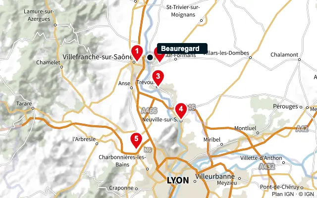 Carte : Beauregard et les 5 agences de la liste, numérotées de 1 à 5
