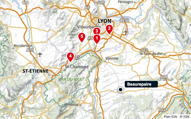 Carte : Beaurepaire et les 5 agences de la liste, numérotées de 1 à 5