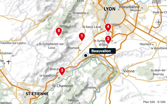 Carte : Beauvallon et les 5 agences de la liste, numérotées de 1 à 5