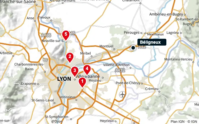 Carte : Béligneux et les 5 agences de la liste, numérotées de 1 à 5