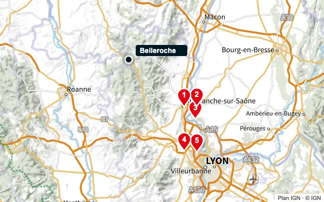 Carte : Belleroche et les 5 agences de la liste, numérotées de 1 à 5