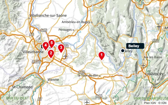 Carte : Belley et les 5 agences de la liste, numérotées de 1 à 5