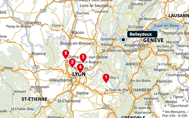 Carte : Belleydoux et les 5 agences de la liste, numérotées de 1 à 5