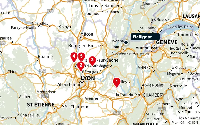 Carte : Bellignat et les 5 agences de la liste, numérotées de 1 à 5