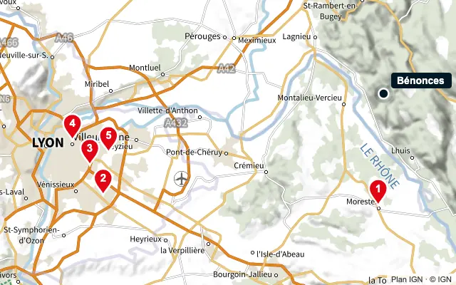 Carte : Bénonces et les 5 agences de la liste, numérotées de 1 à 5