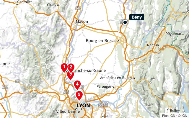Carte : Bény et les 5 agences de la liste, numérotées de 1 à 5