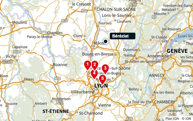 Carte : Béréziat et les 5 agences de la liste, numérotées de 1 à 5