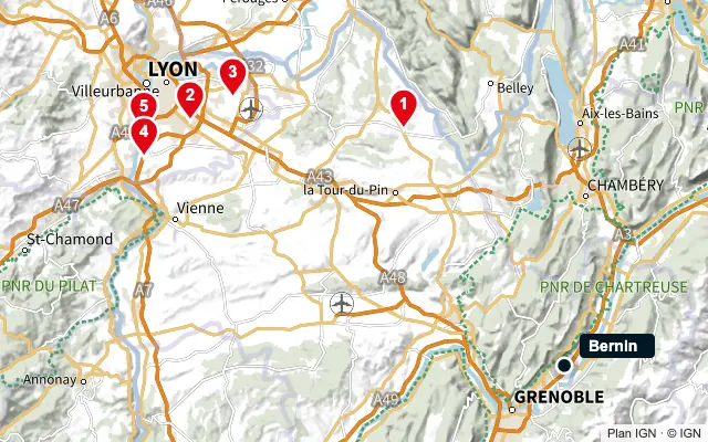 Carte : Bernin et les 5 agences de la liste, numérotées de 1 à 5