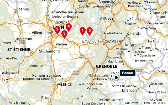 Carte : Besse et les 5 agences de la liste, numérotées de 1 à 5