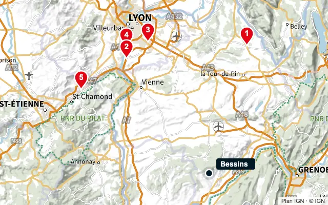 Carte : Bessins et les 5 agences de la liste, numérotées de 1 à 5